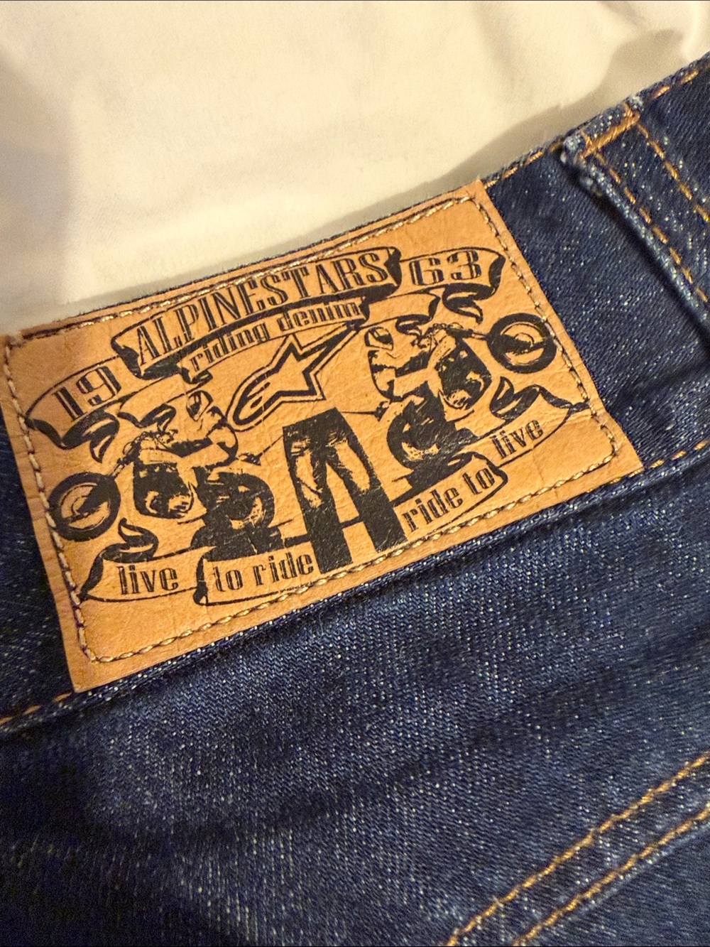 Alpinestars Men's Dark Blue Denim Jeans with Tan Leather Patch
